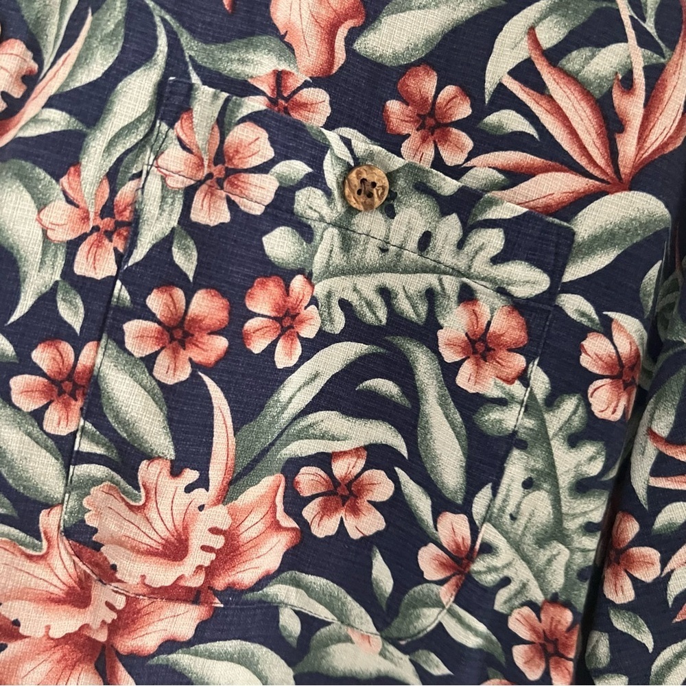 Banana Cabana Men's Sz L 100% Silk Tropical Hawaiian Shirt Navy and Pinky Peach - Picture 5 of 8